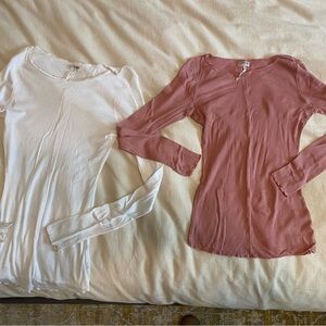 Free People Long Sleeve Crewneck Tops - Dusty Rose and White